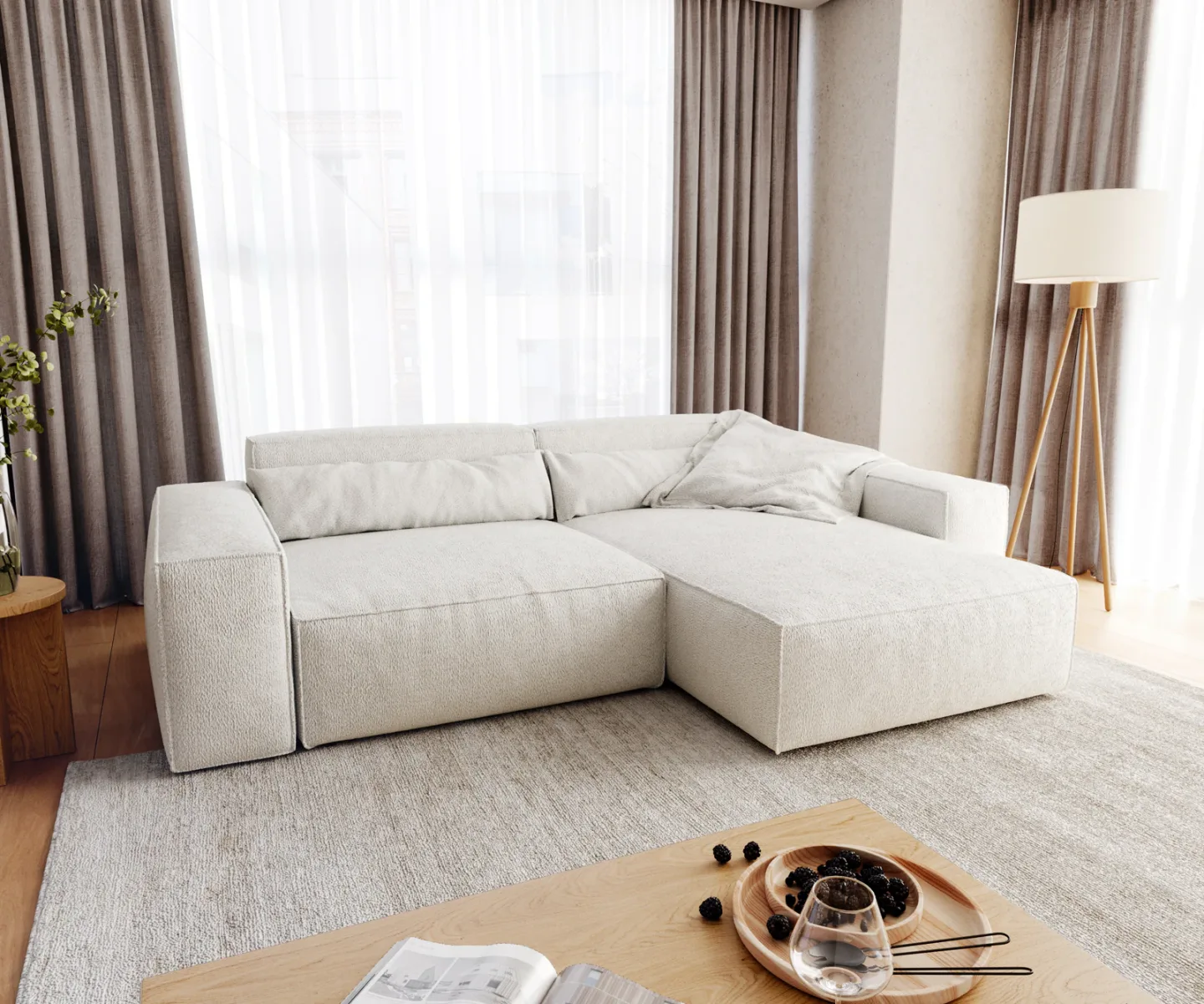 Ecksofa Sirpio XL 270x170 cm Bouclé Creme-Weiß Recamiere variabel