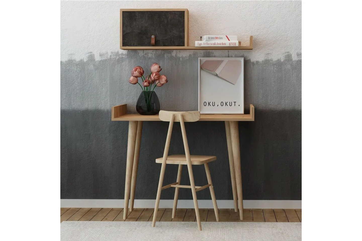 Skaberg Skrivbord 100 cm med Förvaring Vägghylla - Grå/Trä