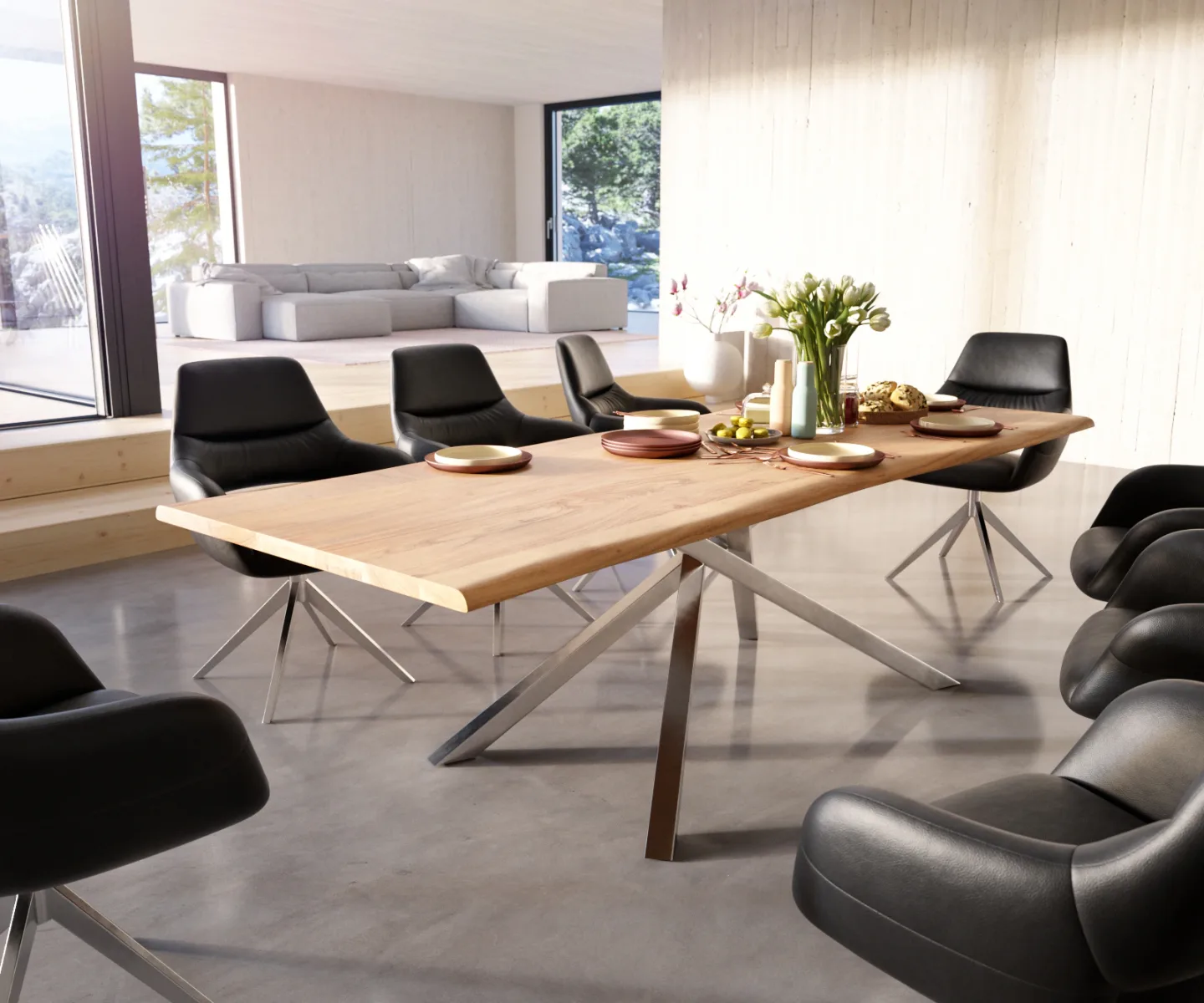 Esstisch Edge 260x100 Akazie Natur Kreuzgestell Rechteck Edelstahl Live-Edge