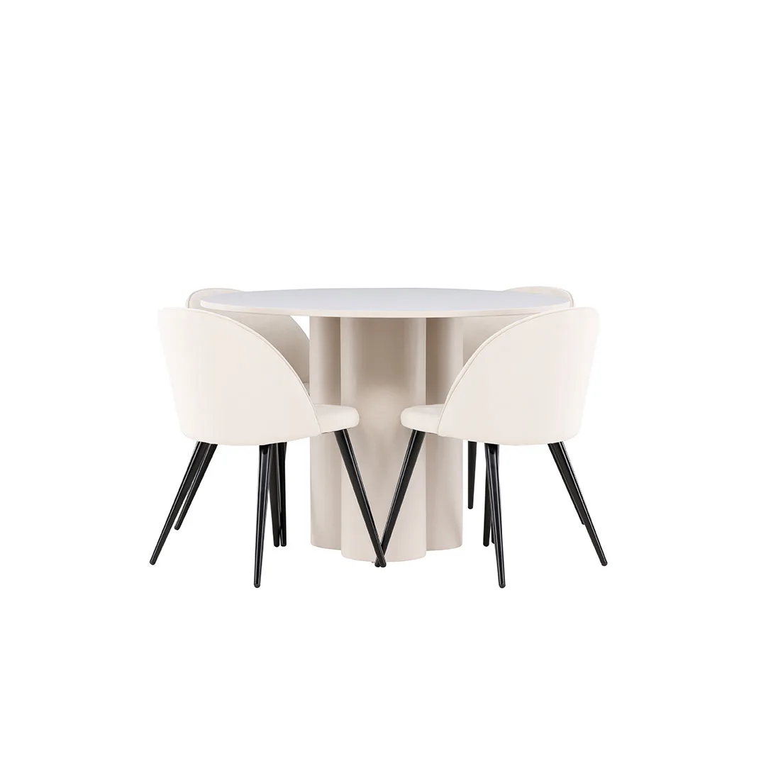 Olivia Essgruppe Tisch Ø110cm und 4 Velours Stühle beige.
