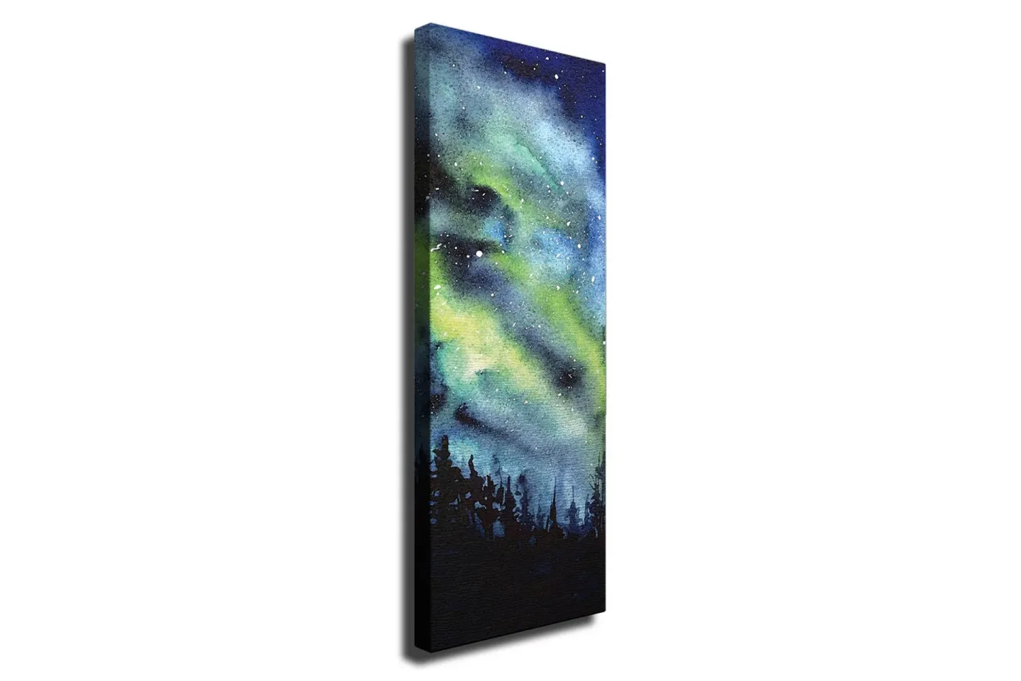 Canvastavla - Nordlys över en mörk skog - Mörkblå / Grön / Svart