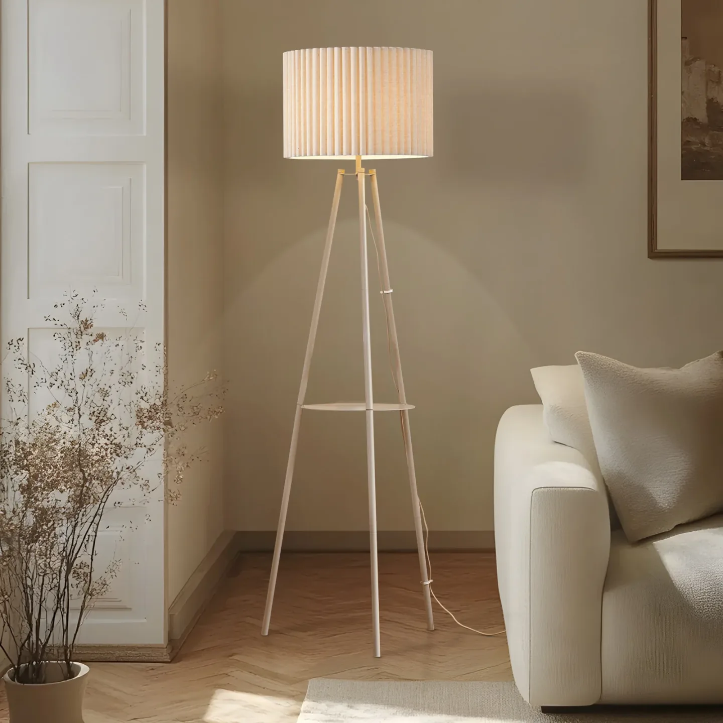 Libbie Dreibein-Stehlampe, Leinen, cremefarben - Lindby - Wohnzimmer - Skandinavisch - Stoff / Textil - Mit Schirm