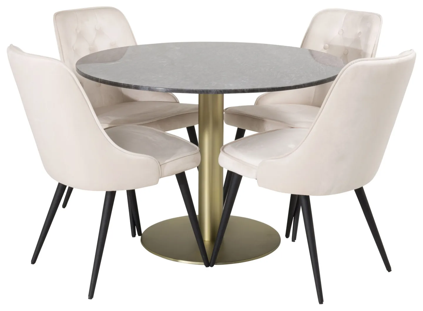 EstelleØ106BLBR Essgruppe Esstisch schwarz, Marmor und 4 Velvet Deluxe Esszimmerstühle Velour beige, schwarz.