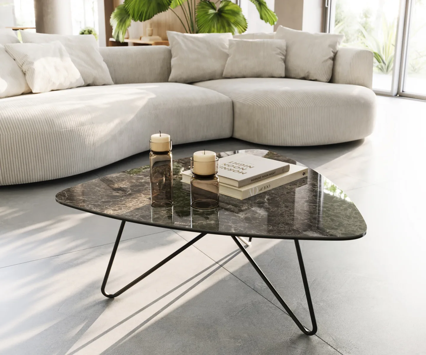 Couchtisch Ekrem 88x85 cm Keramik Emperador Extra Lucidato Dunkelbraun Hairpin Metall Schwarz