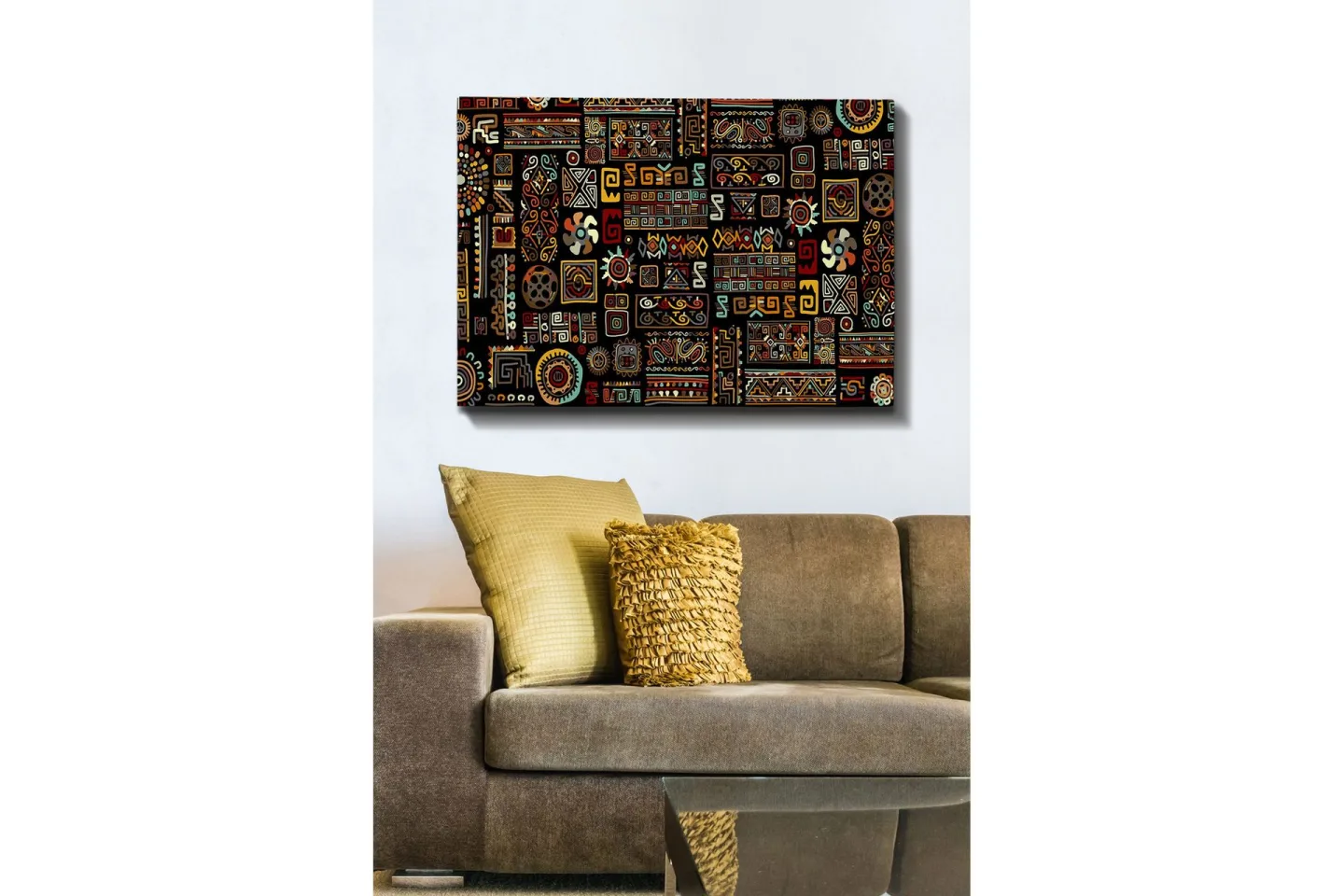 Canvastavla 70x100 cm - Ett färgglatt geometriskt mönster med symboliska inslag - Svart / Röd / Gul