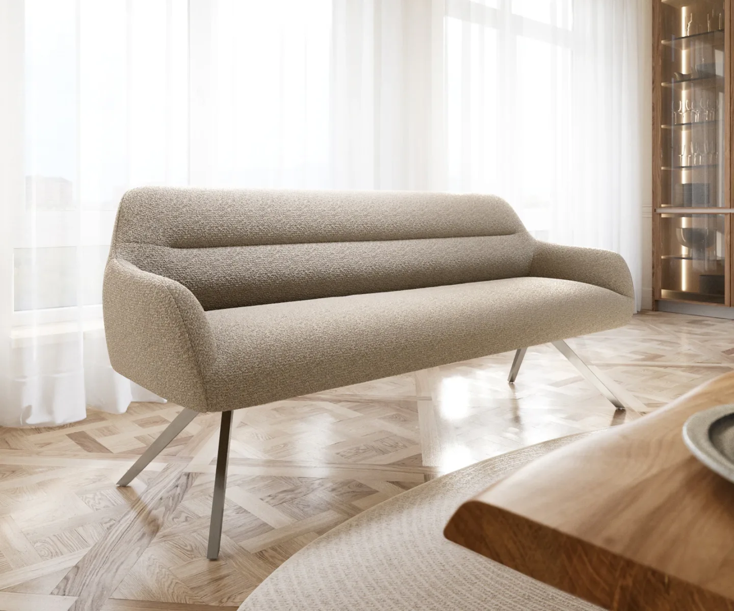 Esszimmerbank Taya-Flex 200 cm Bouclé Schlamm Kreuzgestell kantig Edelstahl Taschenfederkern