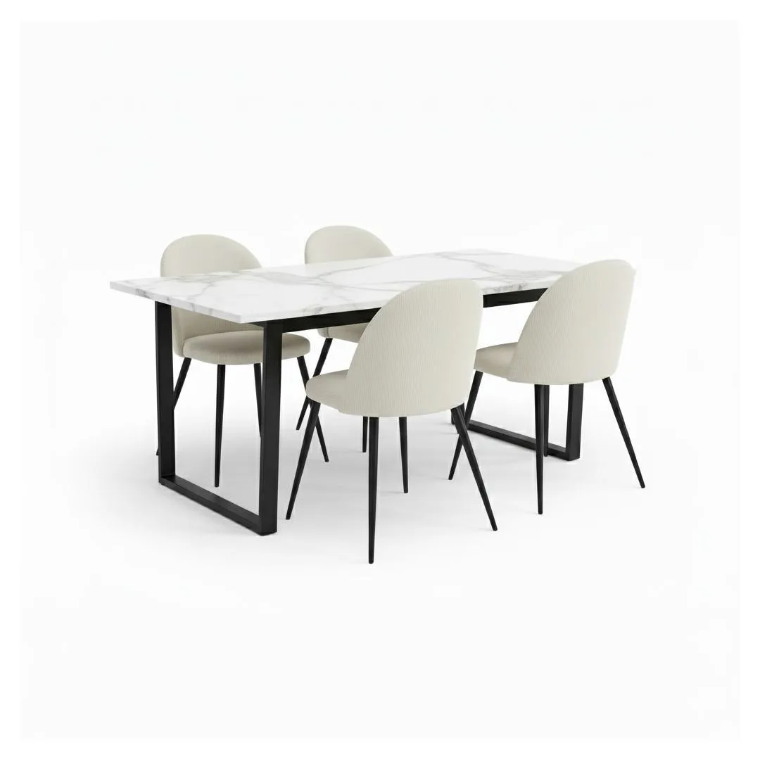 Tilst Essgruppe Esstisch mit weißem Marmordruck und 4 Stühlen Samt beige.