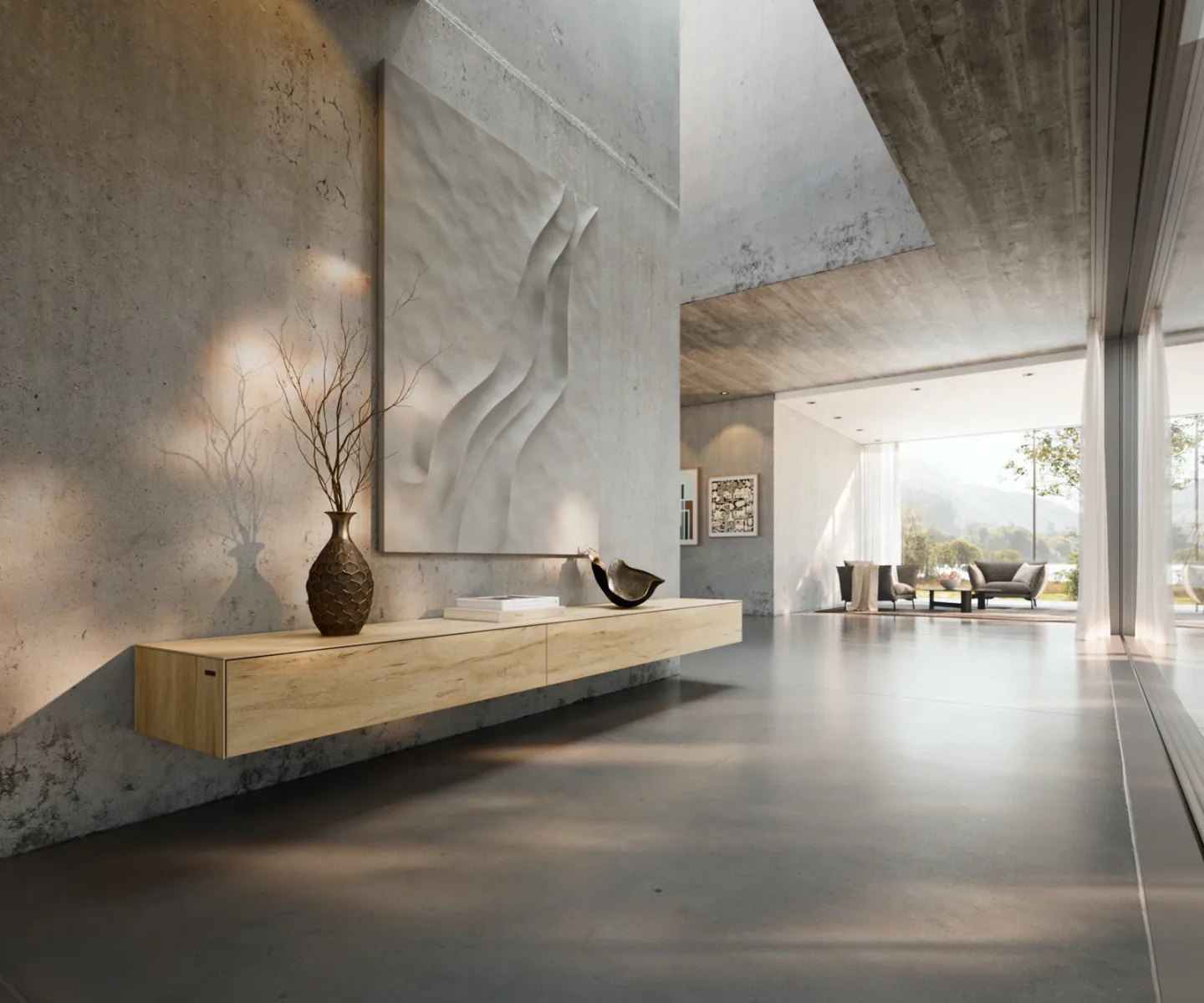 Lowboard Cuor 250 cm Keramik Laminam® Sabbia Eichefarbig 1 Klappe 1 Schubfach Schwebend