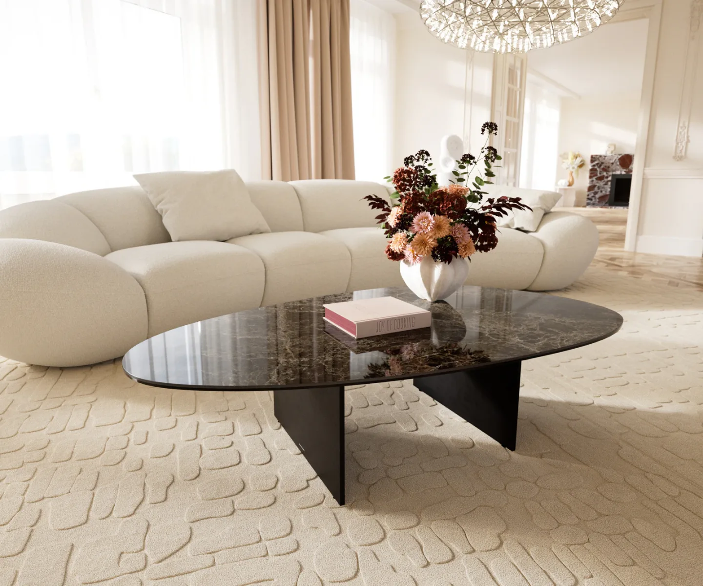 Couchtisch Edge Oval 140x75 cm Keramik Emperador Extra Lucidato Dunkelbraun Salto Metall Schwarz