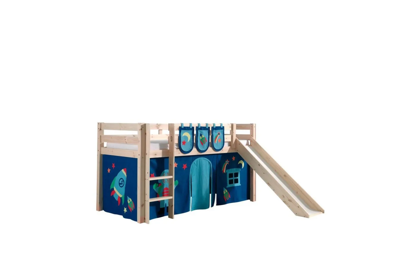 Halvhöjdssäng med gardin Pino Astro Naturlig, Naturlig, Med rutschkana, Utan tunnel, 3 - Naturlig, Naturlig, Med rutschkana, Utan tunnel, 3