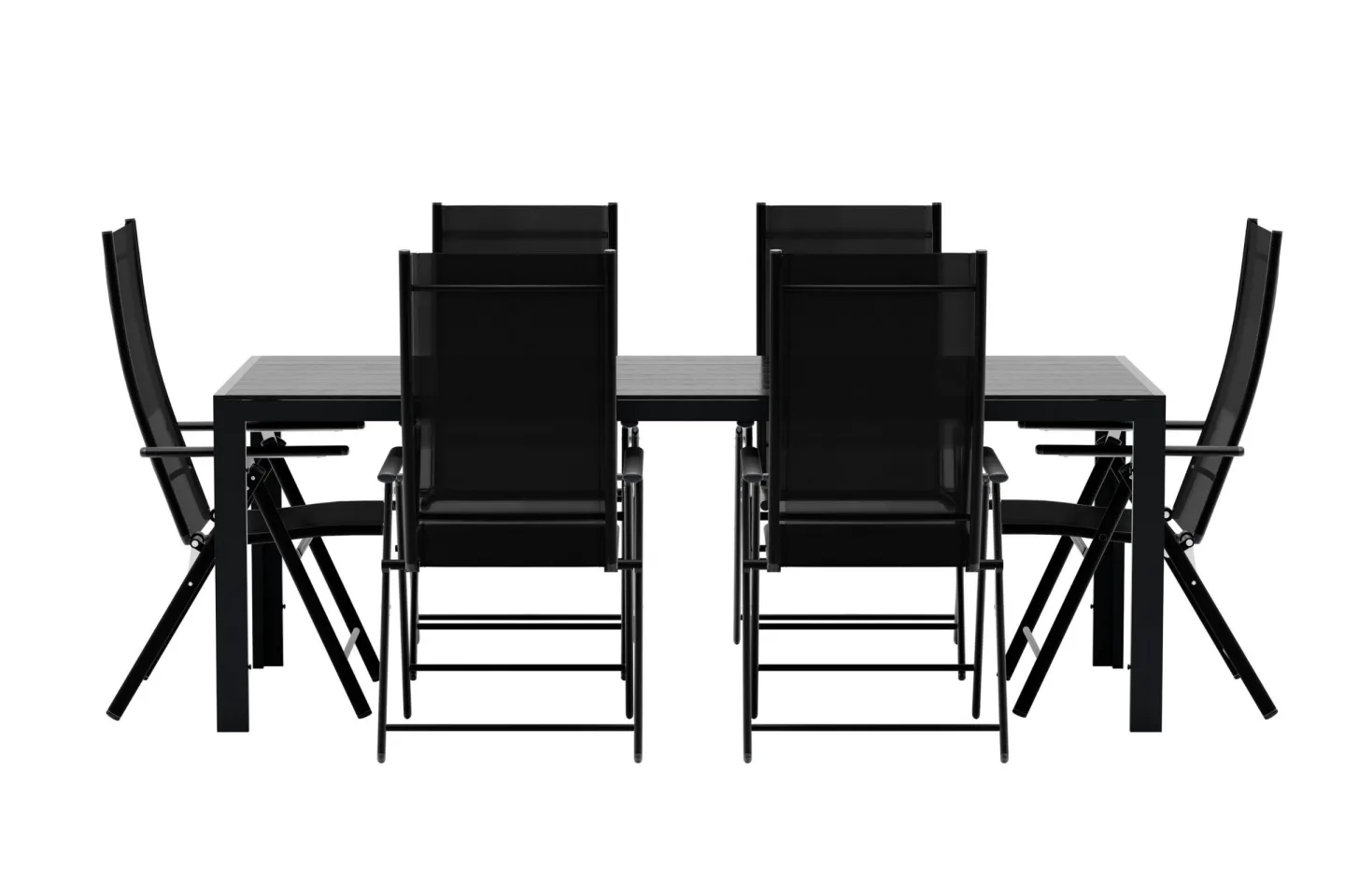 Break Gartenset Tisch 90x200 cm schwarz 6 Stühle schwarz.
