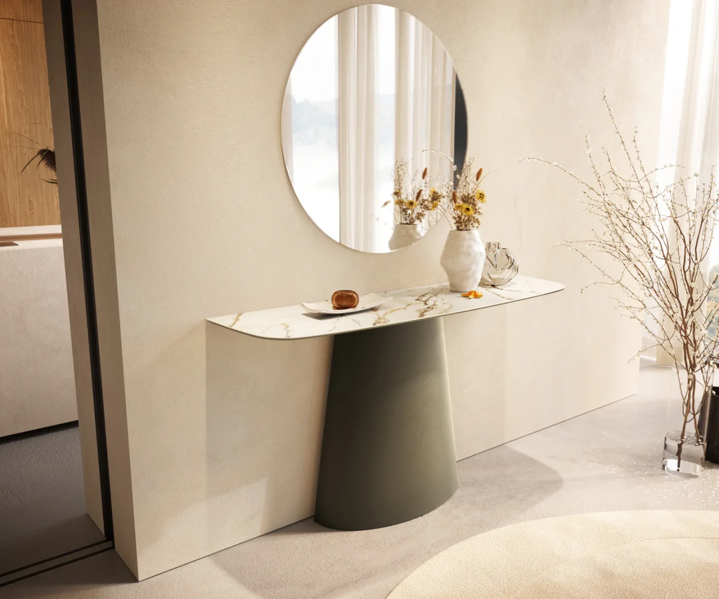 Konsolentisch Edge Boot 140x40 cm Keramik Calacatta Luxe Weiß-Gold-Grau Conos Metall Effektfinish Titan