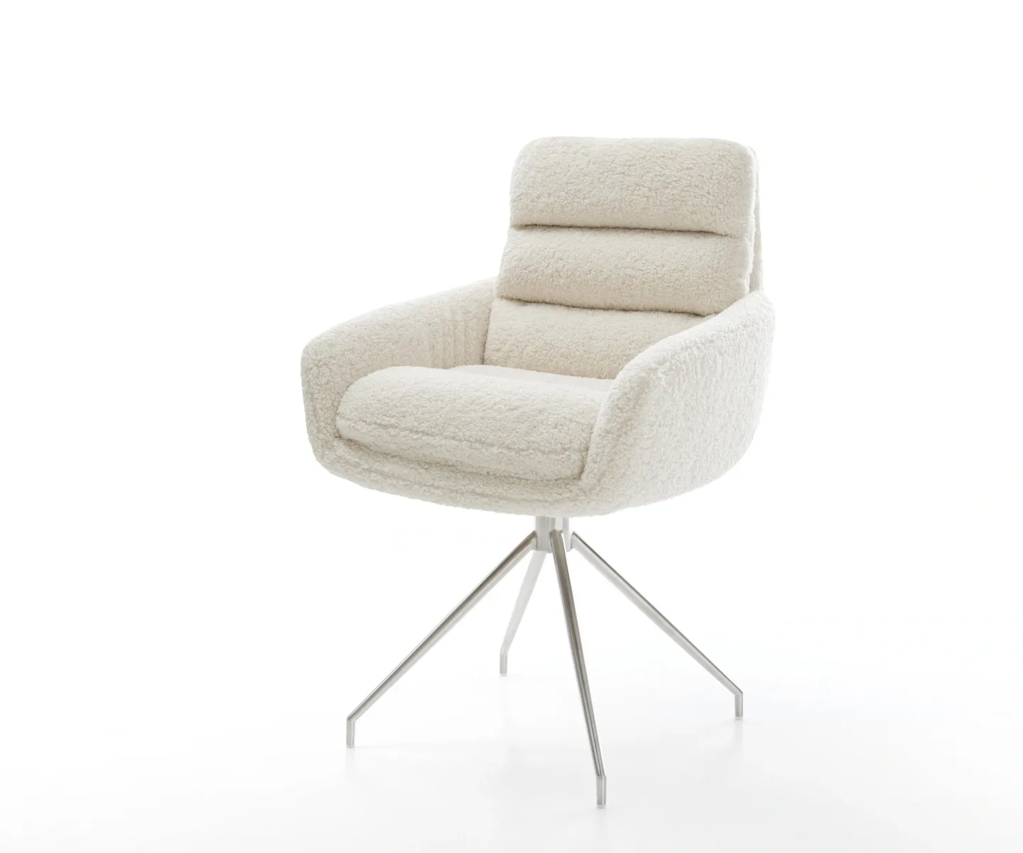 Esszimmerstuhl Abelia-Flex mit Armlehnen Teddystoff Beige Kreuzgestell konisch Edelstahl