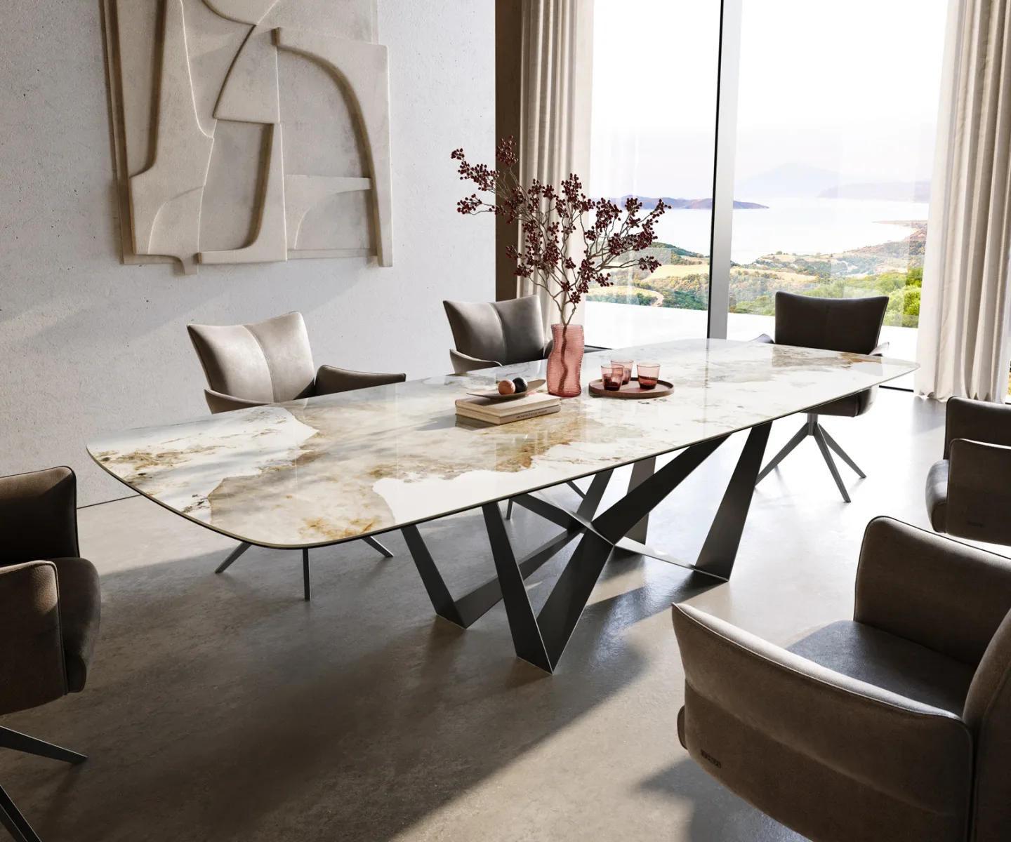 Esstisch Edge Boot 300x120 cm Keramik Minas Melange Weiß-Beige Spider Flachstahl Edelstahl Graphit