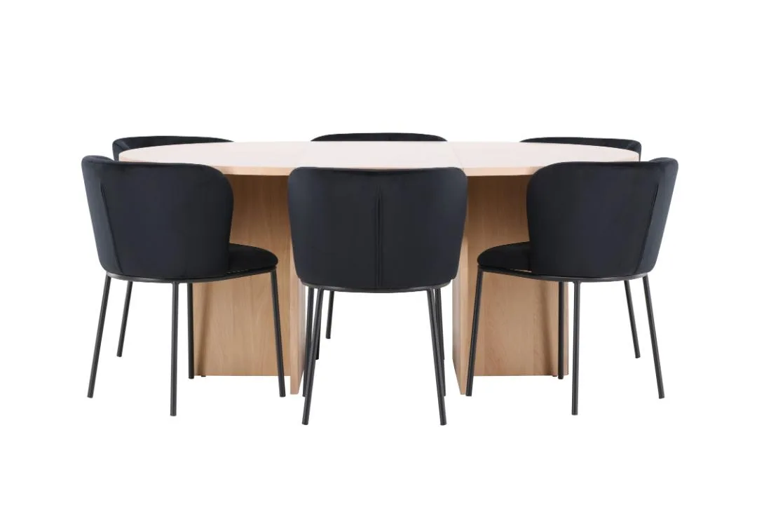 Strada Essgruppe Ausziehtisch Ø120cm, 170cm und 6 Stühle whitewash, schwarz.