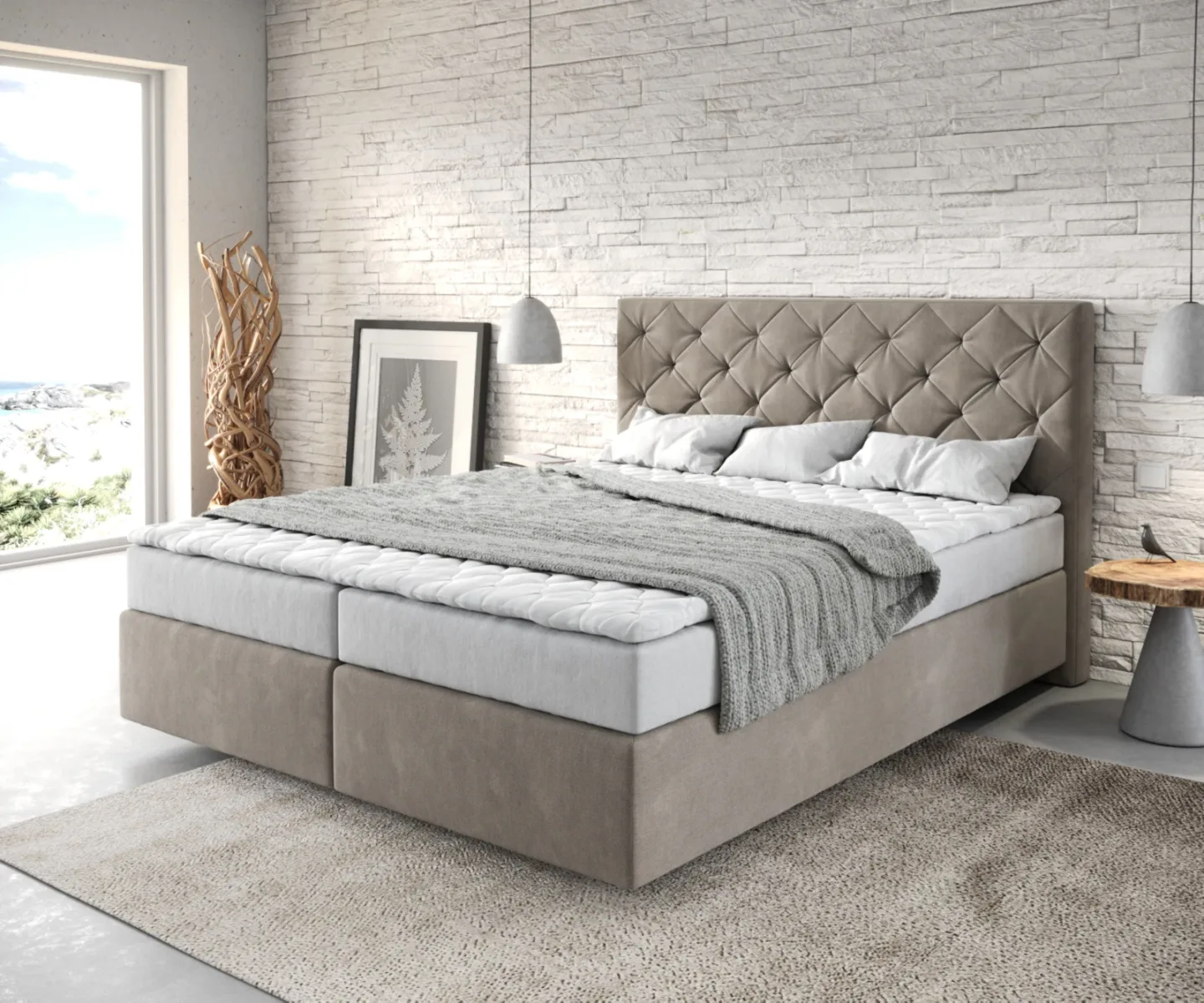 Boxspringbett Dream-Great 160x200 cm Mikrofaser Beige mit Matratze und Topper
