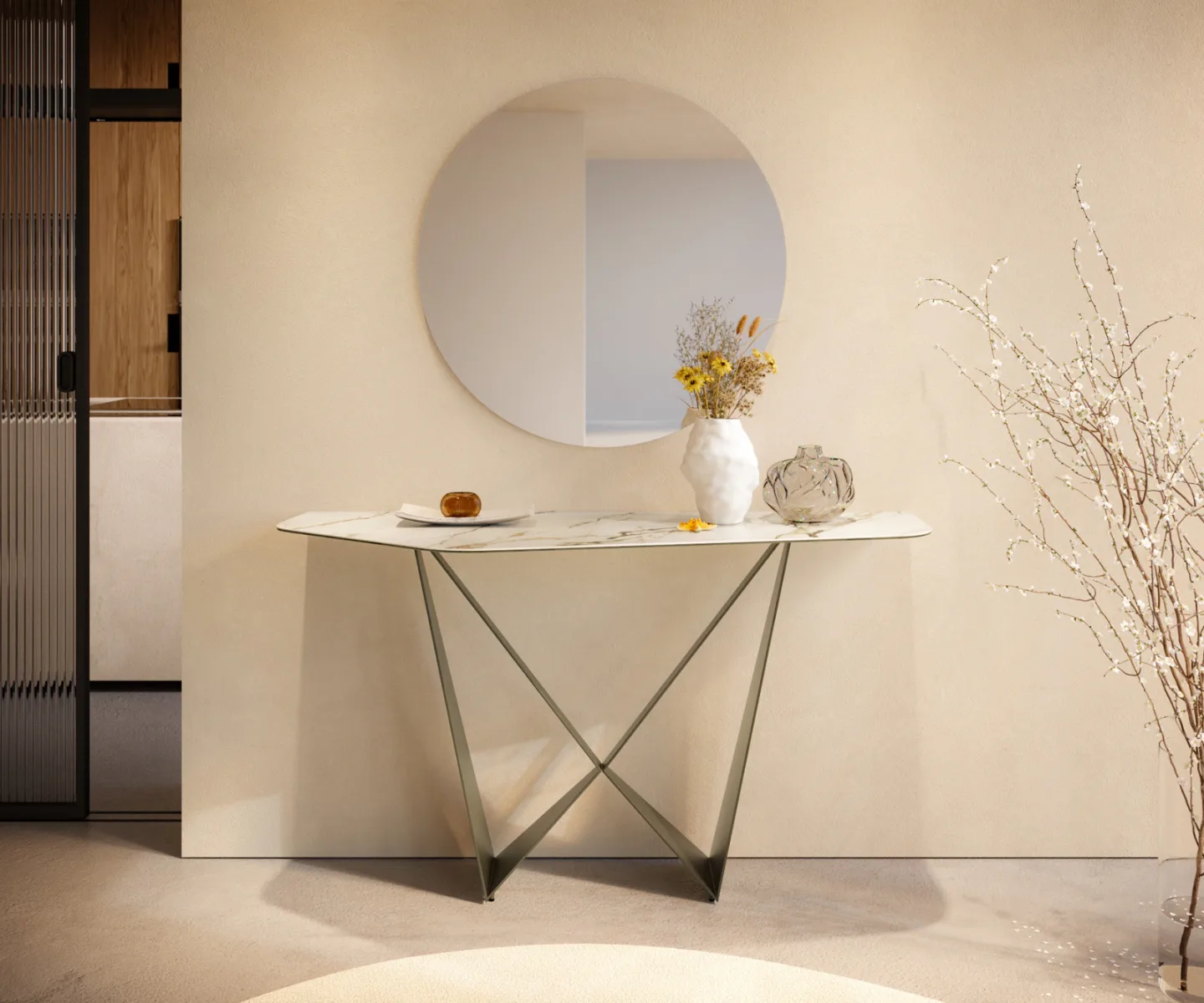 Konsolentisch Edge Polygonal 140x50 cm Keramik Calacatta Luxe Weiß-Gold-Grau Spios Metall Effektfinish Titan