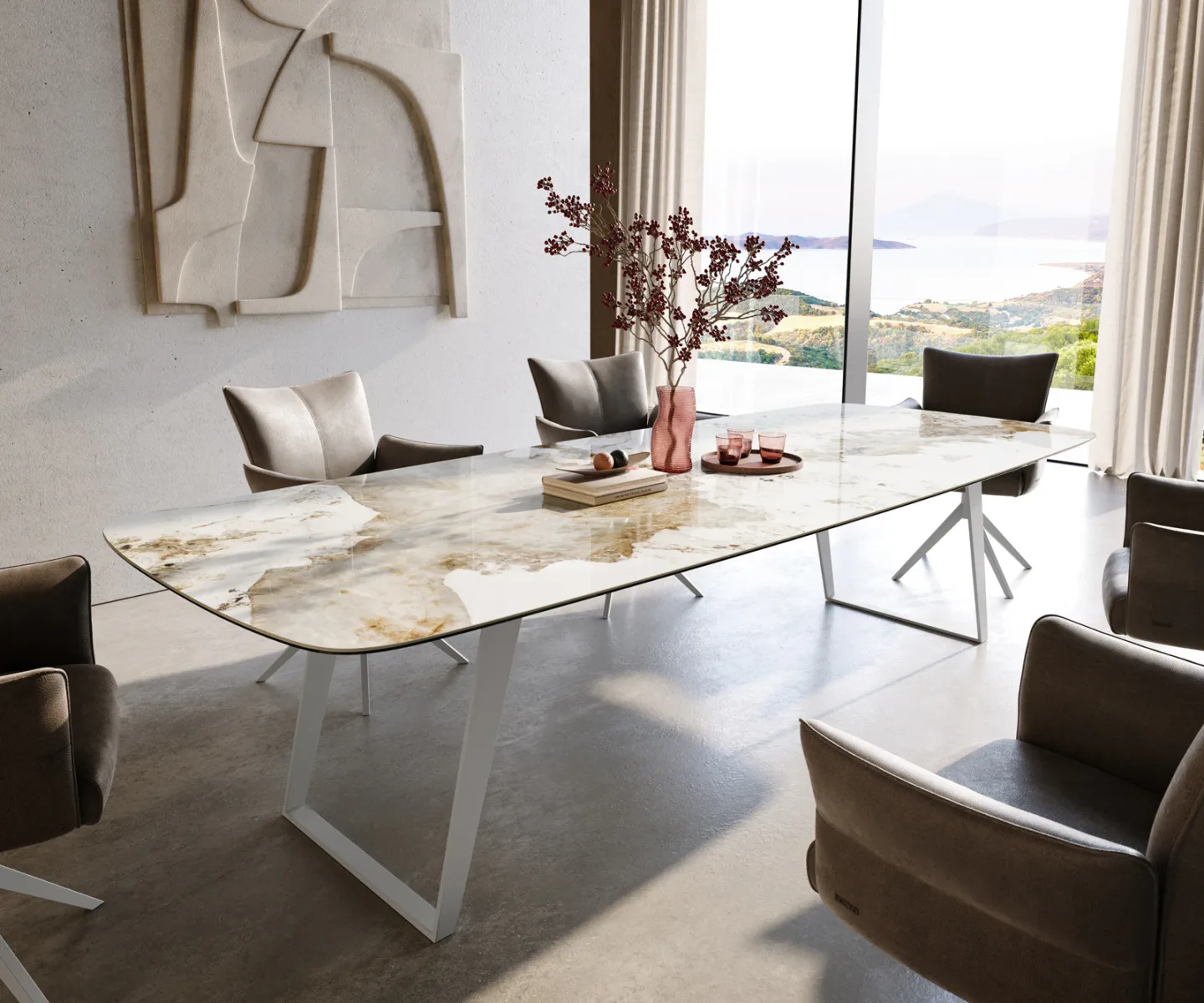 Esstisch Edge Boot 300x120 cm Keramik Minas Melange Weiß-Beige Metall Schräg Weiß