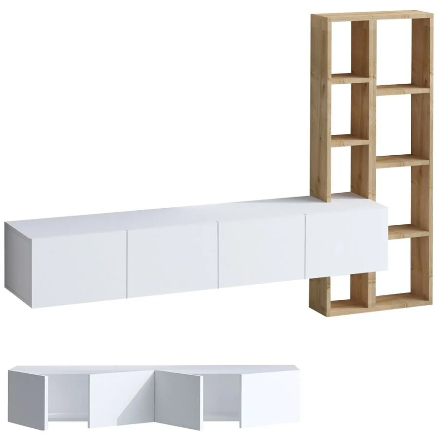 TV-Möbel Yasam weiss/natur Melaminbeschichtete Spanplatte B 182 cm