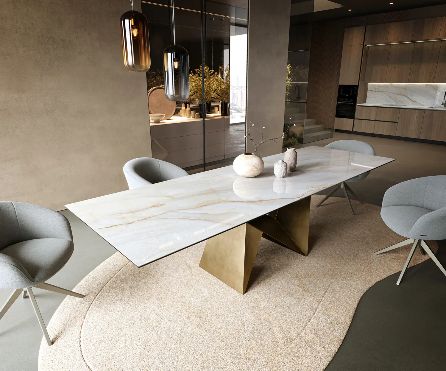Esstisch Edge 300x100 cm Keramik Onyx Pearl Origami Metallic Gold