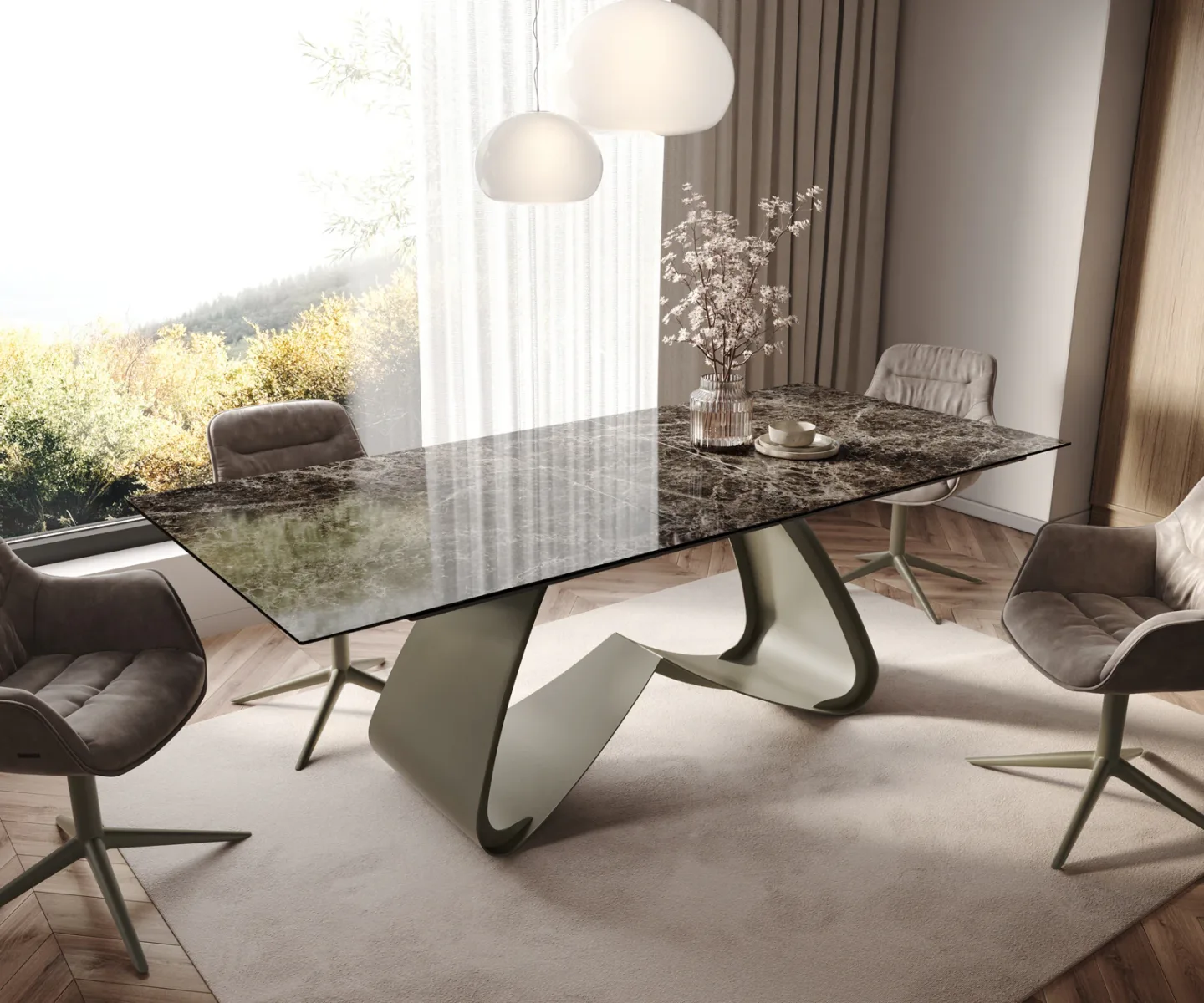 Esstisch Edge 180-220x100 Keramik Emperador Extra Lucidato Dunkelbraun W-Gestell Effektfinish Titan ausziehbar