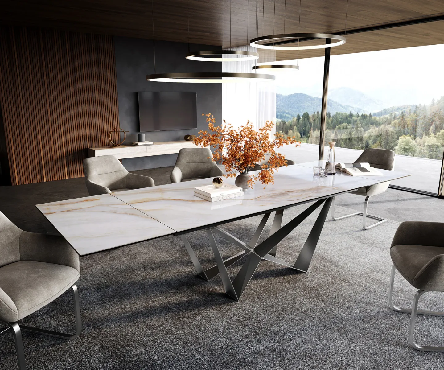 Esstisch Edge 200-300x100 cm Keramik Onyx Pearl Spider Flachstahl Edelstahl ausziehbar