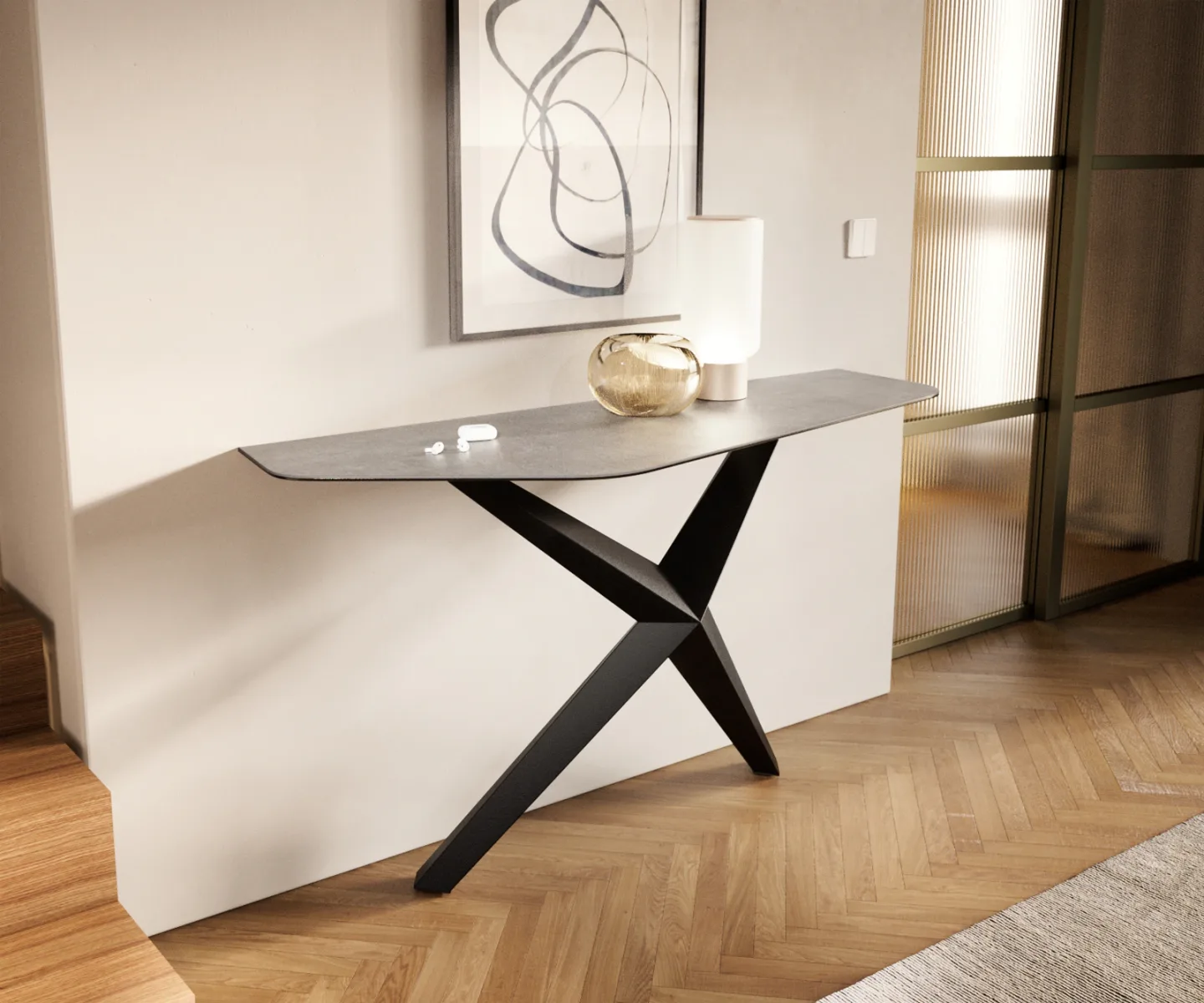 Konsolentisch Edge Polygonal 140x50 cm Keramik Beton Grau Zentharo Metall Schwarz