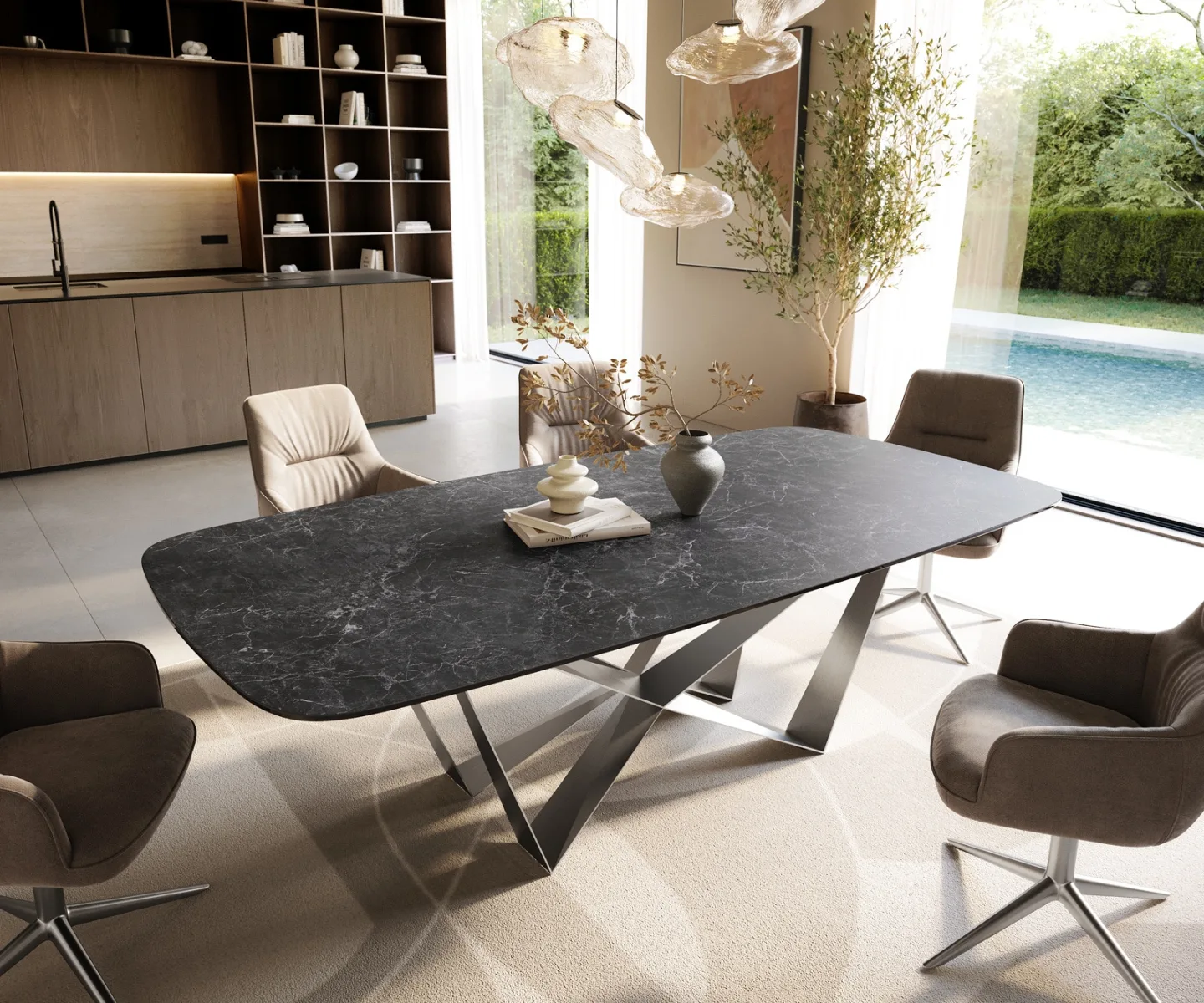 Esstisch Edge Boot 240x120 cm Keramik Laminam® Nero Greco Anthrazit Spider Flachstahl Edelstahl