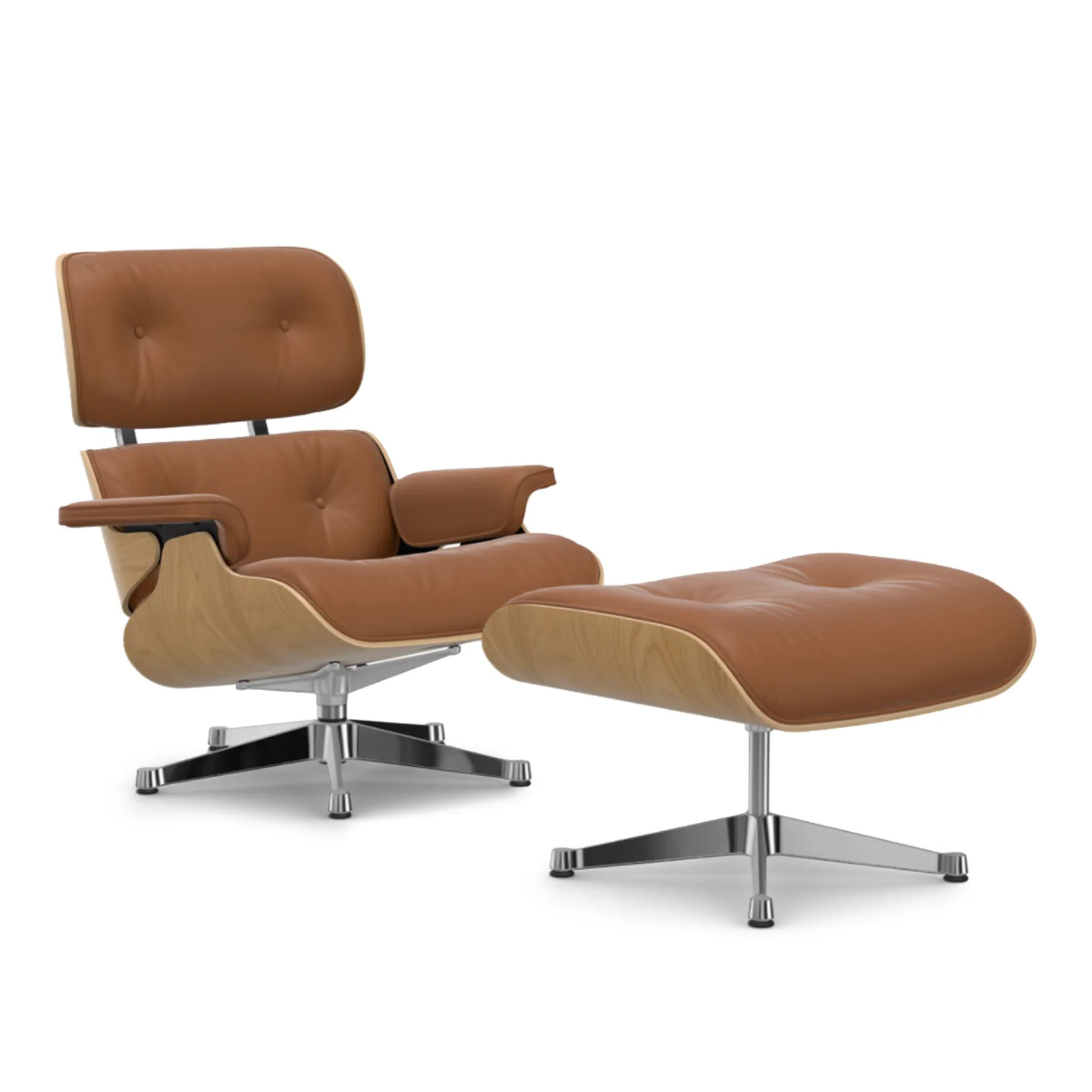 Vitra - Eames Lounge Set Natural Chestnut Leather Premium Cognac 97 Polished Aluminium - Fåtöljer - Charles & Ray Eames - Brun