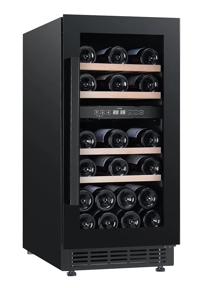 Weinkühlschrank einbaufähig schwarz, Cavin Arctic Collection 40D, zwei Temperaturzonen, 28 Flaschen, 40 cm breiter Weinkühlschrank, ausziehbare Regale, B: 39 x H: 82/87 x T: 57,5 cm