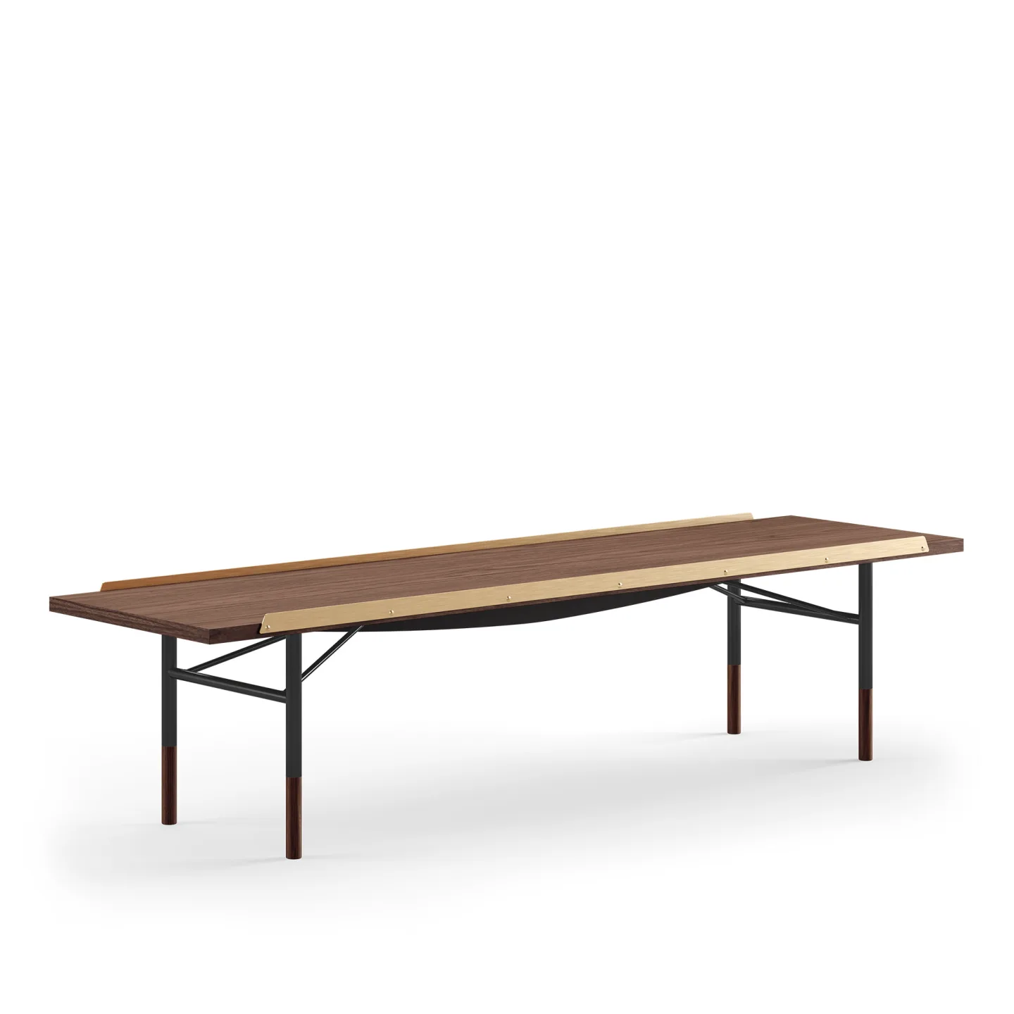 House of Finn Juhl - Table Bench Large, With Brass Edges, Walnut/black linoleum, Orange Steel - TV-bänkar - Finn Juhl - Orange,Träfärgad,Svart - Metall/Trä/Plast