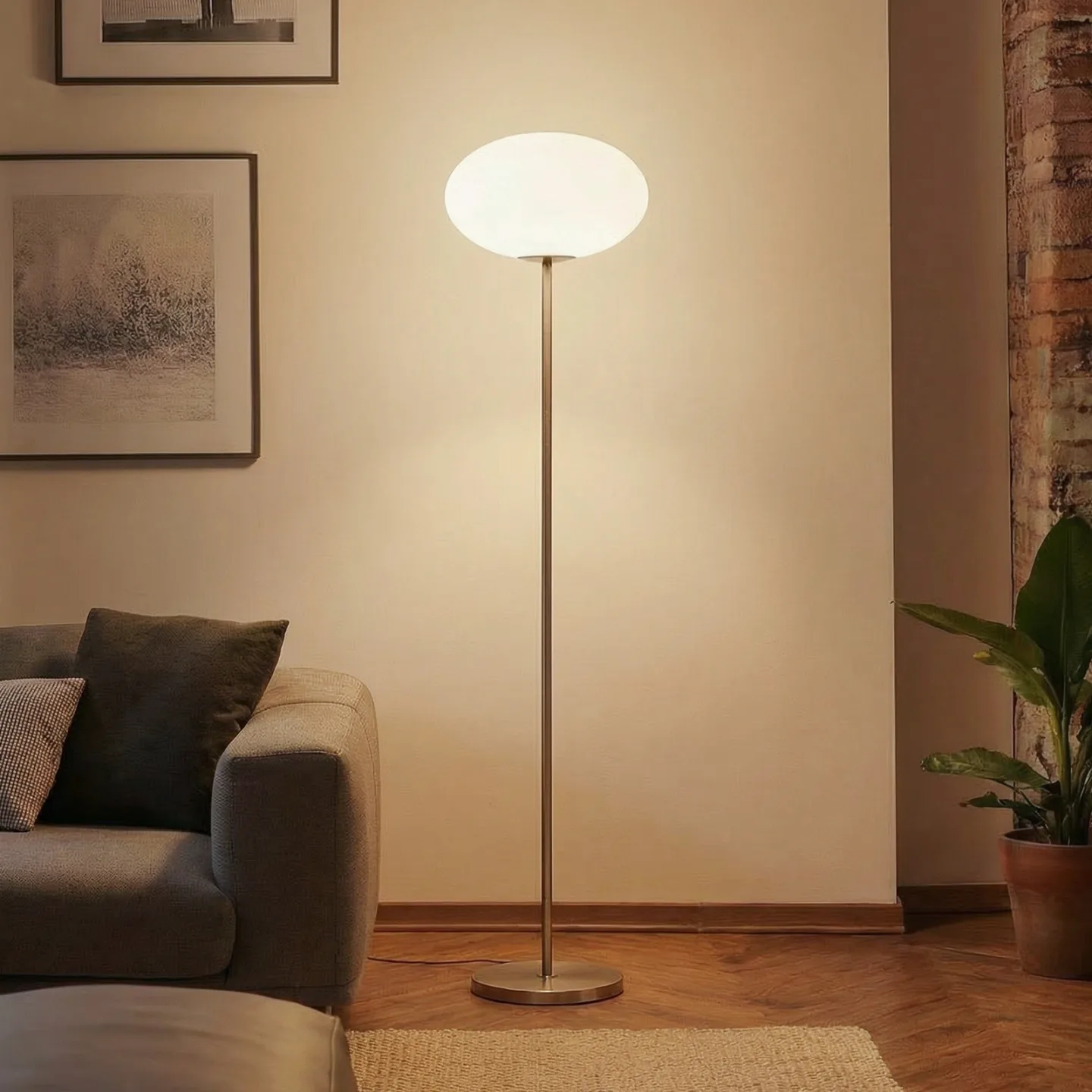 Lindby Stehlampe Sonika, 175 cm, nickelfarben, Glas, E27 - Wohnzimmer - Metall - Mit Schirm