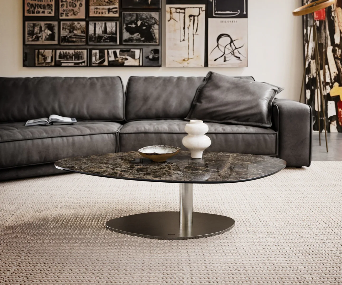 Couchtisch Edge Organisch 140x76 cm Keramik Emperador Extra Lucidato Dunkelbraun Vibany Edelstahl gebürstet