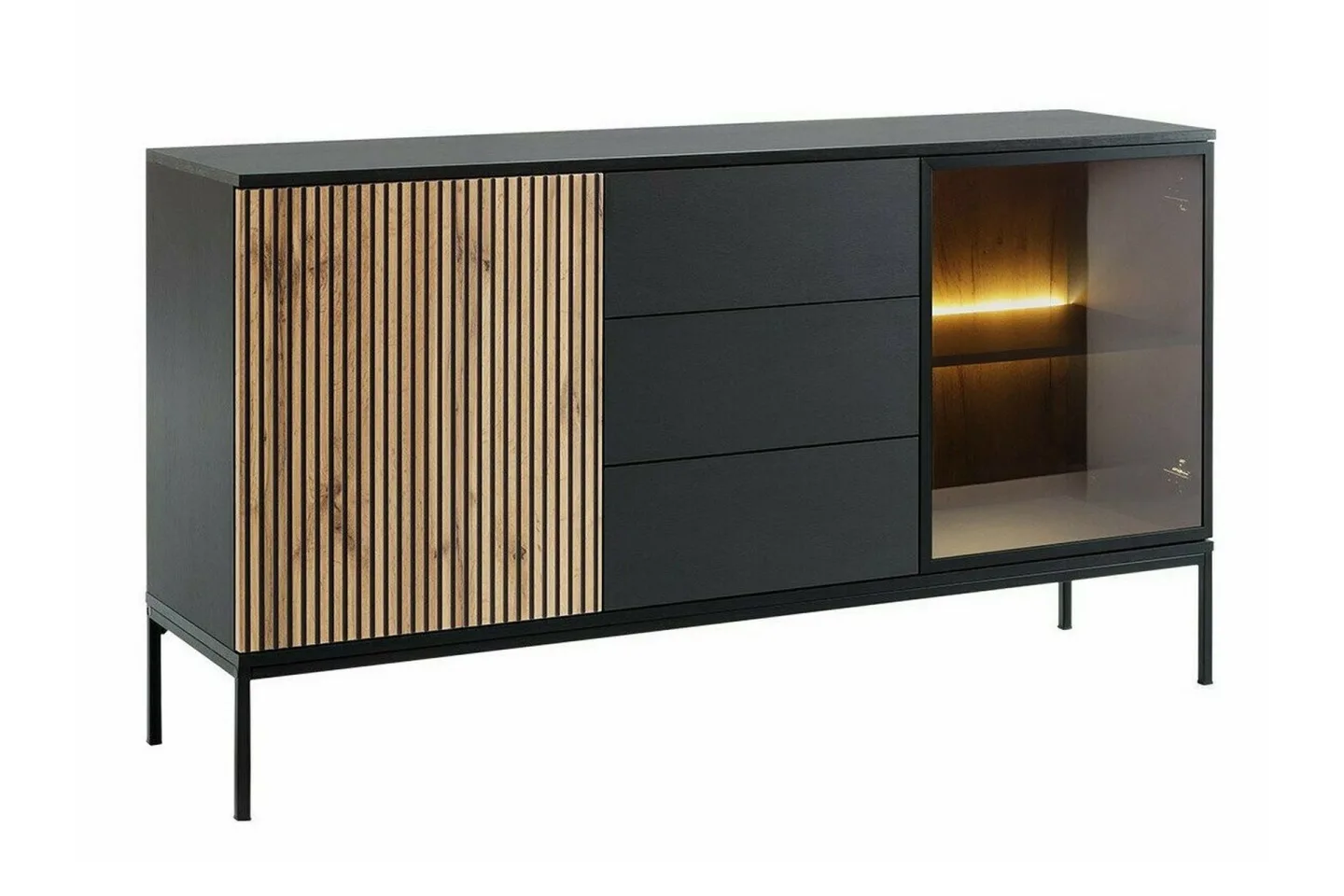 Klinkerville Lågt Vitrinskåp Display med belysning 39 cm djup - Svart Trä / Glas / Ribbad