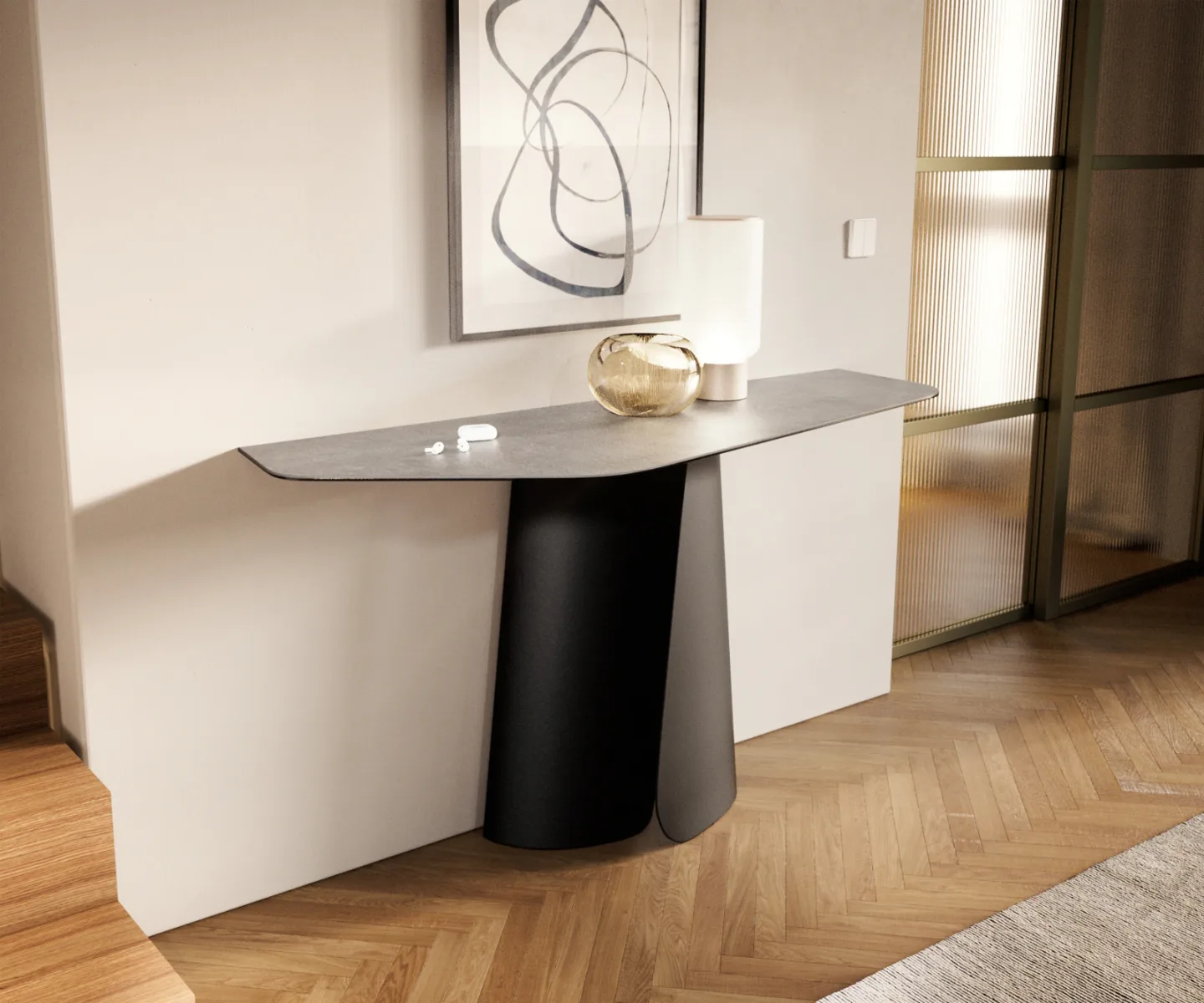 Konsolentisch Edge Polygonal 140x50 cm Keramik Beton Grau Livos Metall Schwarz