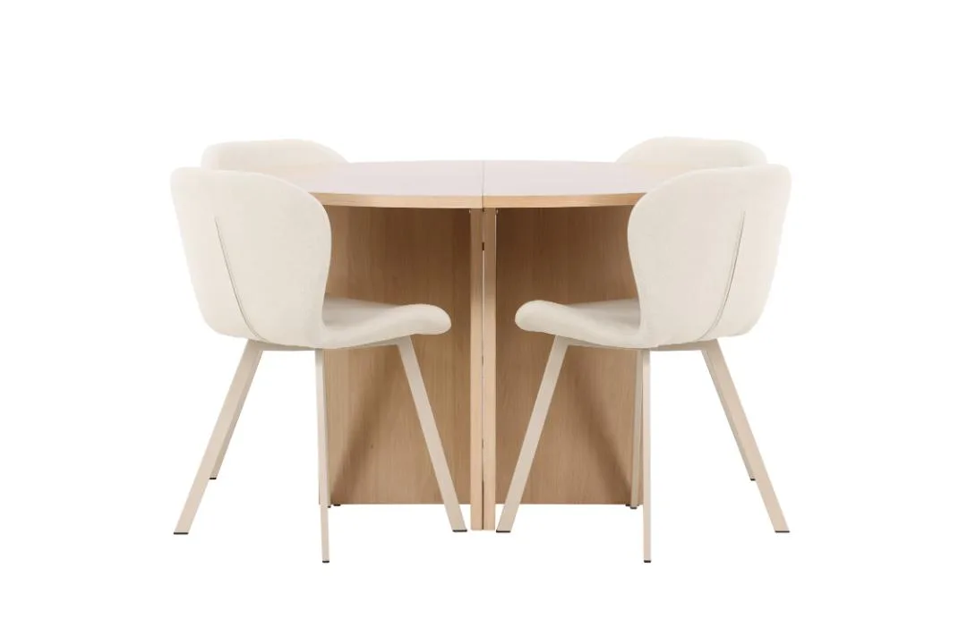 Strada Essgruppe Ausziehtisch Ø120cm, 170cm und 4 Stühle whitewash, beige.