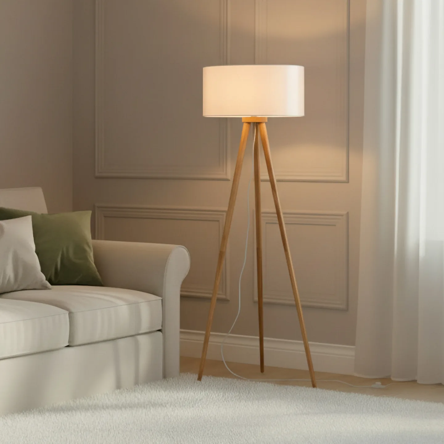 Charlia Stehleuchte White/Wood - Lindby - Wohnzimmer - Skandinavisch - Stoff / Textil - Mit Schirm
