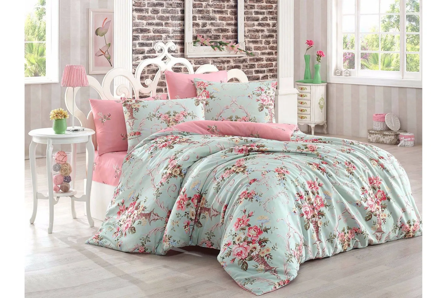 Eponj Home Bäddset Dubbelt 4-dels - Mint/Rosa/Gul/Grön