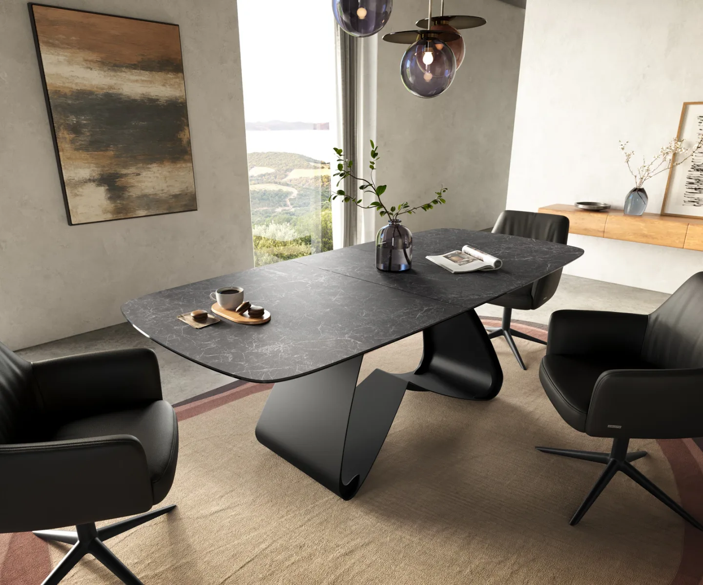 Esstisch Edge Boot 180-220x100 cm Keramik Laminam® Nero Greco Anthrazit W-Gestell Metall Schwarz ausziehbar