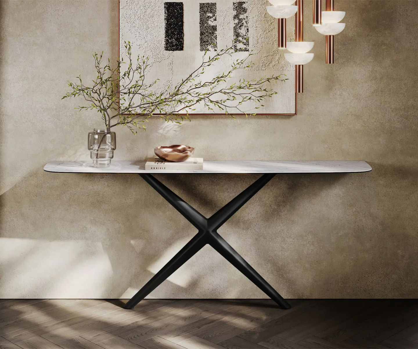 Konsolentisch Edge Boot 180x40 cm Keramik Laminam® Statuarietto Weiß Estelo Metall Schwarz