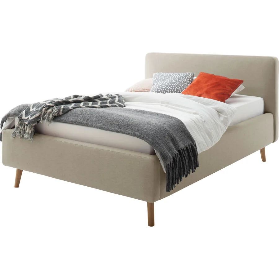 Bett Senja Taupe Stoff, Eiche Massivholz 160 x 200 cm
