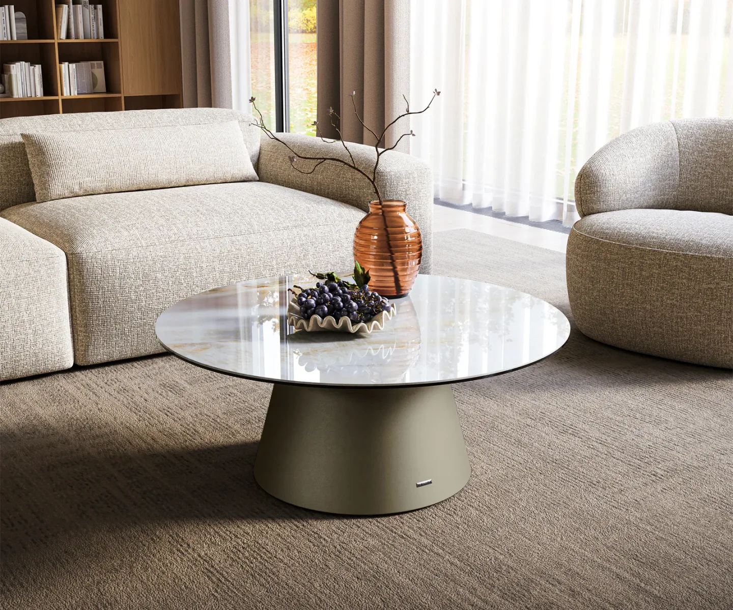 Couchtisch Edge Rund 90x90 cm Keramik Onyx Pearl Borna Effektfinish Titan