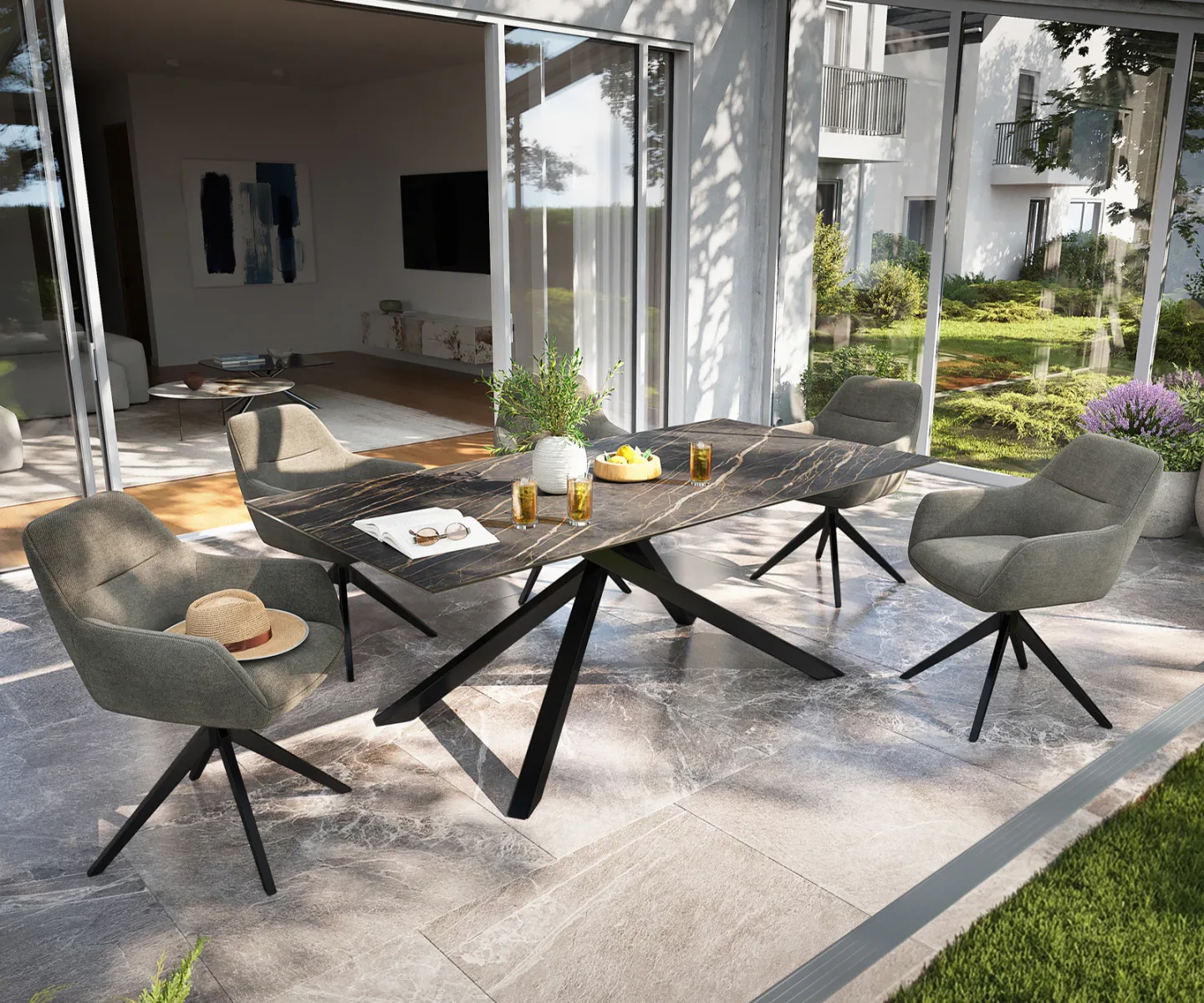 Outdoortisch Edge 200x100 cm Keramik Laminam® Noir Desir Braun Kreuzgestell Rechteck Schwarz