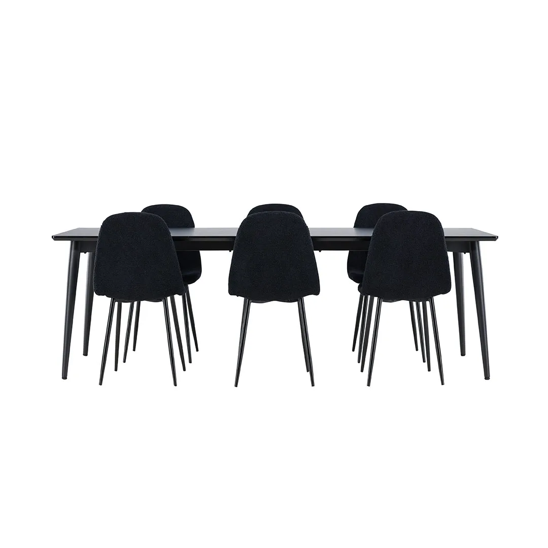 Ellis Essgruppe Tisch 85x230cm und 6 Teddy Stühle schwarz.