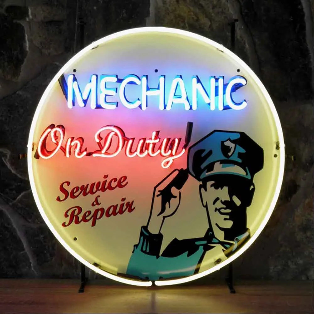 Neonskylt Mechanic on Duty med bakgrund