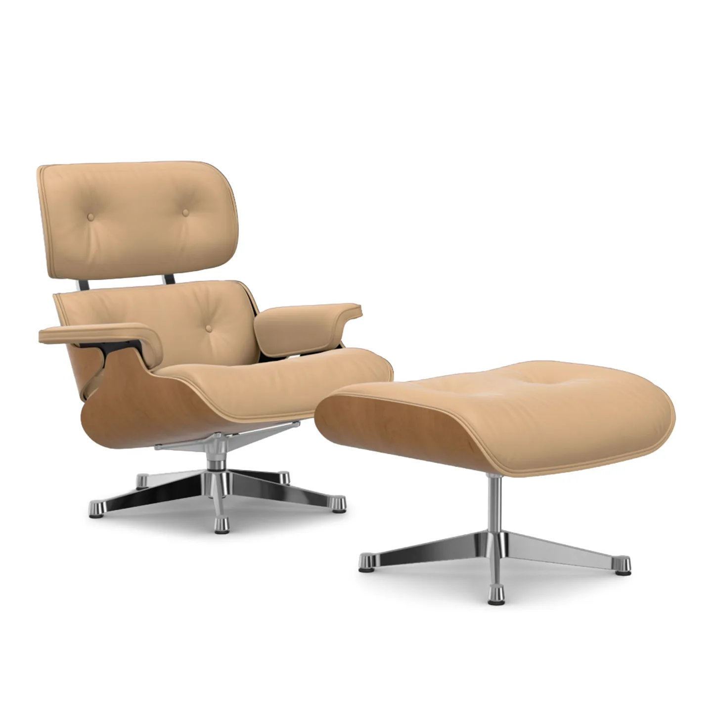 Vitra - Eames Lounge Set Cherry Leather Premium Cashew 63 Polished Aluminium - Fåtöljer - Charles & Ray Eames - Brun