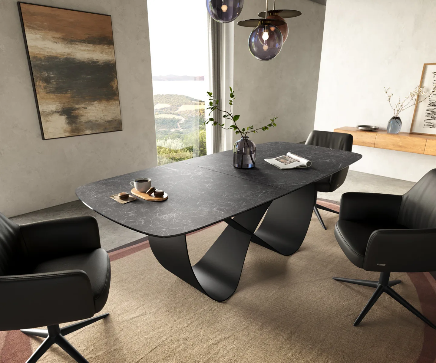 Esstisch Edge Boot 180-220x100 cm Keramik Laminam® Nero Greco Anthrazit Infinity Metall Schwarz ausziehbar