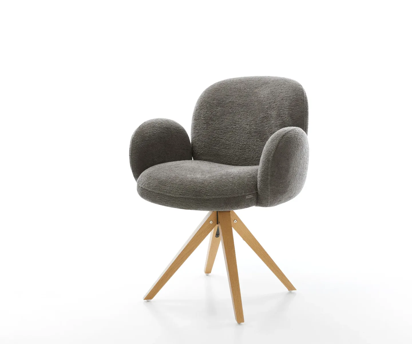 Drehstuhl Nube-Flex mit Armlehnen Bouclé Soft Schlamm Holzgestell kantig Natur 360° drehbar Taschenfederkern