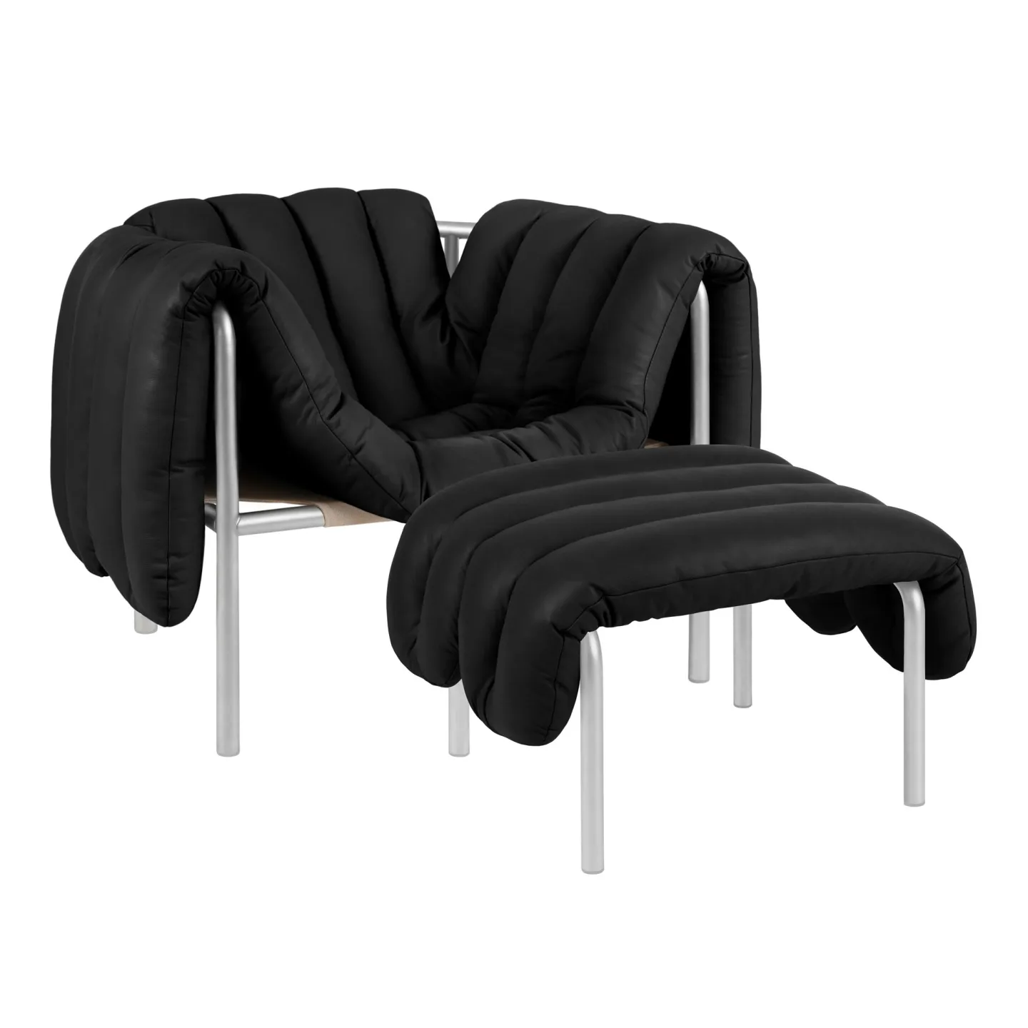 HEM - Puffy Lounge Chair + Ottoman - Black Leather/Stainless - Fåtöljer - Faye Toogood - Silver,Svart - Läder/Naturmaterial/Metall/Trä/Skum