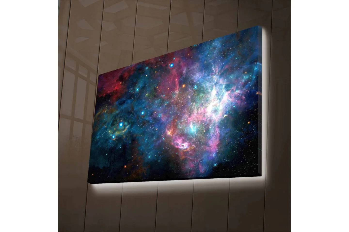 Canvastavla med LED-belysning - Färgrik galax med stjärnor och nebulosor - Blå / Lila / Röd